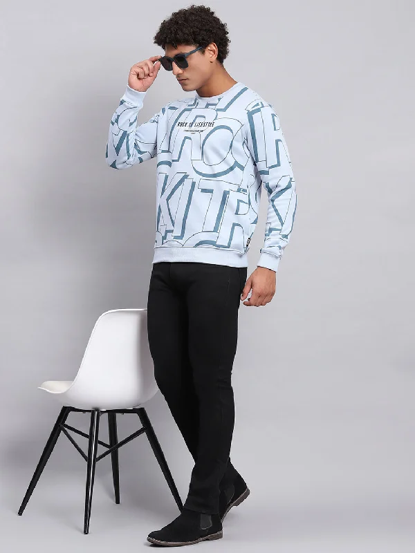 Overstock Clearance Men Blue Printed Round Neck Full Sleeve Sweatshirt