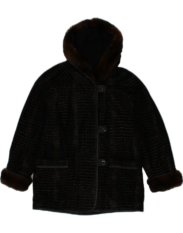 Mega Discount VINTAGE Womens Hooded Leather Coat EU 44 XL Black Animal Print Leather