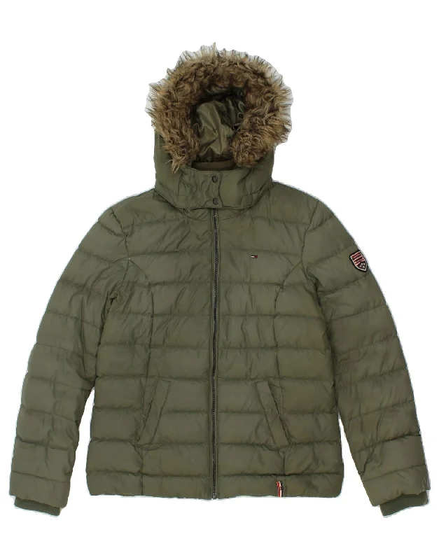 Discount Mania TOMMY HILFIGER Womens Hooded Padded Jacket UK 18 XL Green Polyester