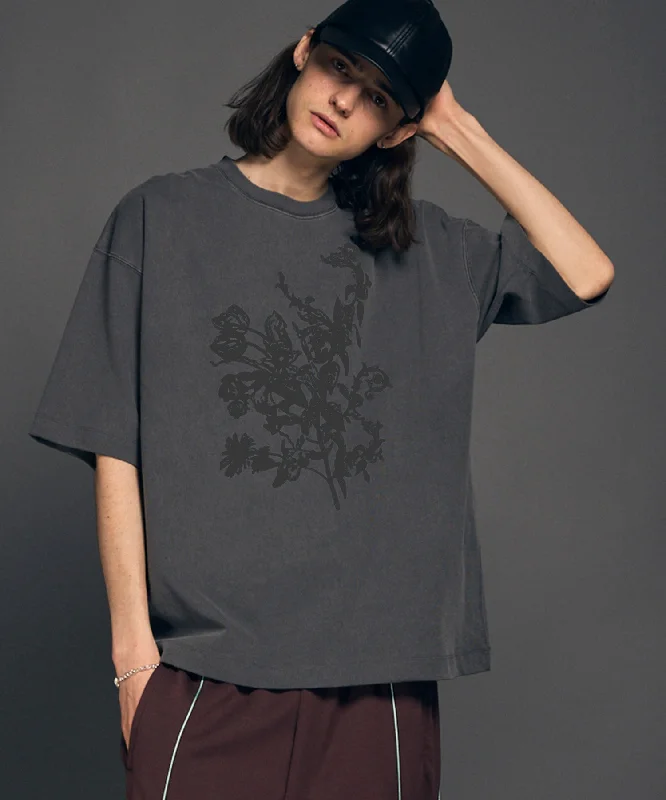Final Clearance Flower Frocky Print Print Prime-Over Pigment Crew Neck T-Shirt