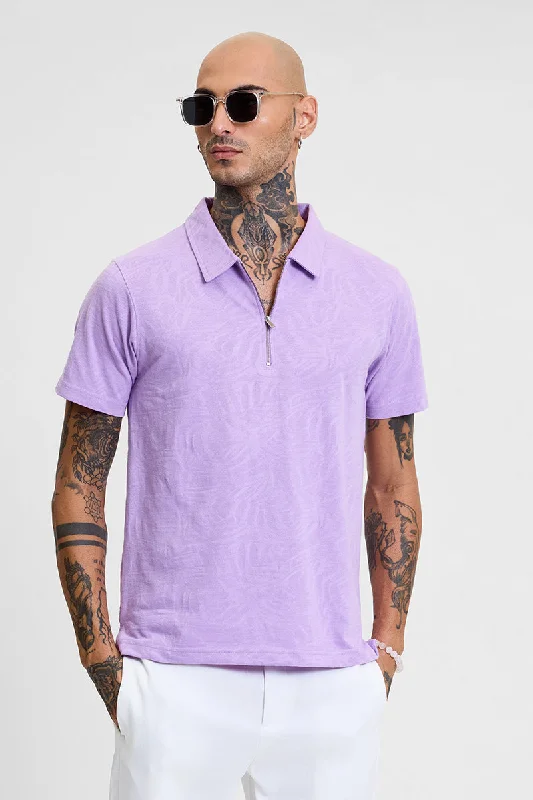 Bonus Offer Lavender Self-Design Zipper Polo T-Shirt