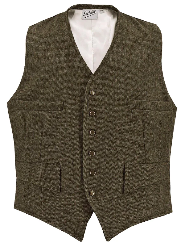 Weekend Special Clubman Herringbone Wool Waistcoat in Green