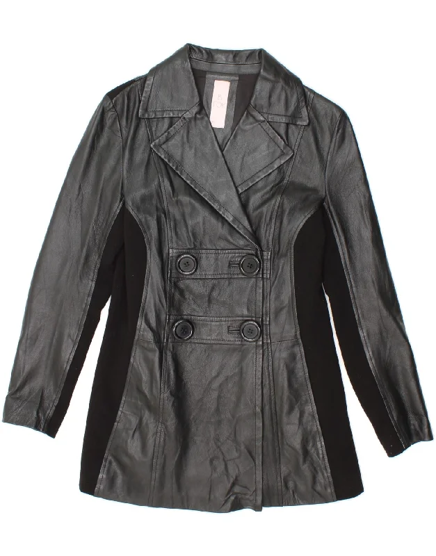 Special Offer VINTAGE Womens Leather Coat UK 10 Small Black Colourblock Leather