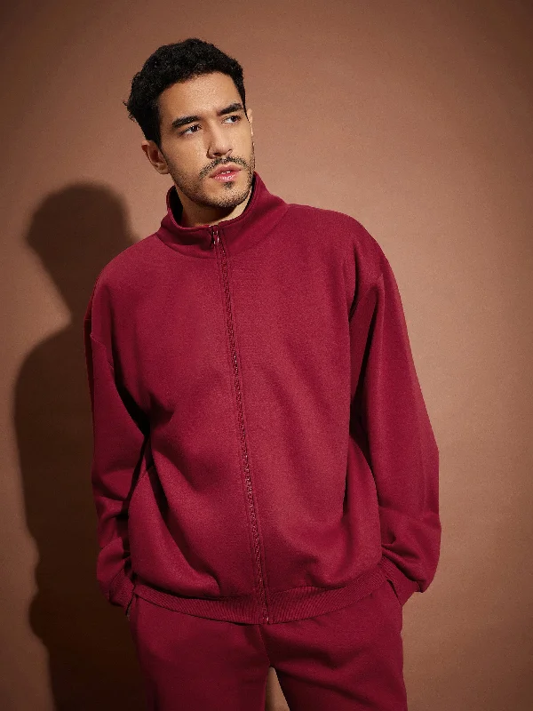Bargain Alert Men Maroon Front Zipper Oversized Sweatshirt