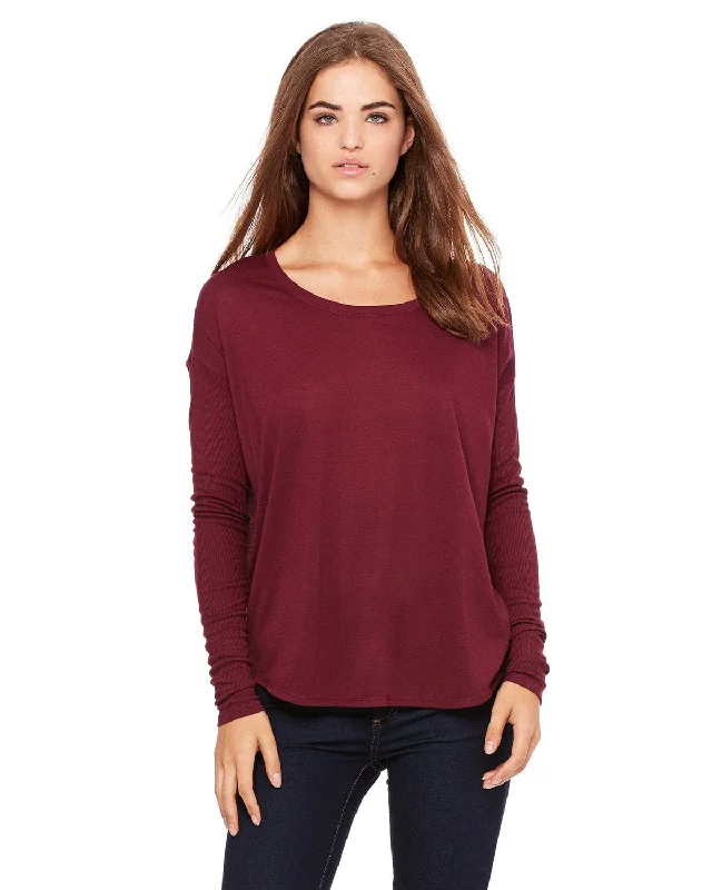 Stock Clearance Bella+Canvas Ladies Flowy Long Sleeve T-Shirt with 2x1 Sleeves | Maroon Stock Clearance Bella+Canvas Ladies Flowy Long Sleeve T-Shirt with 2x1 Sleeves | Maroon