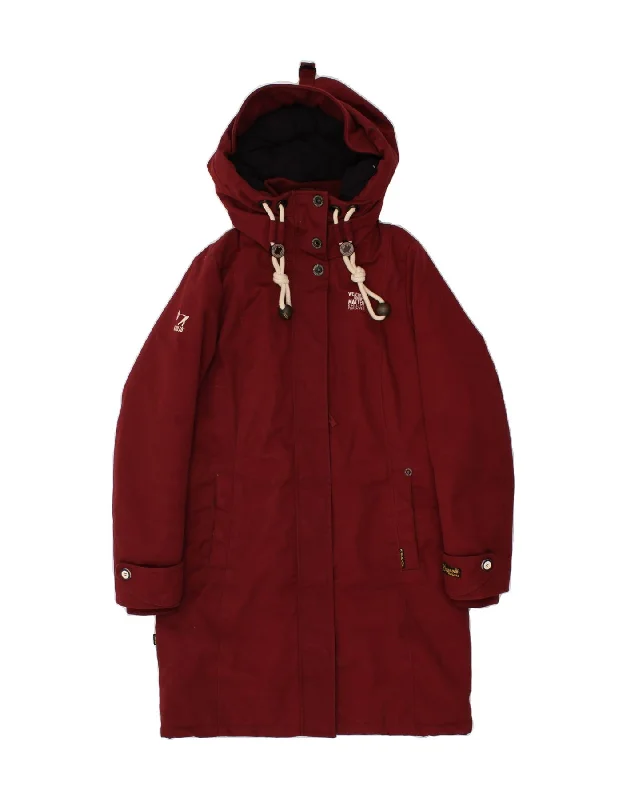 Mega Discount KHUJO Womens Hooded Overcoat UK 10 Small Maroon Polyester
