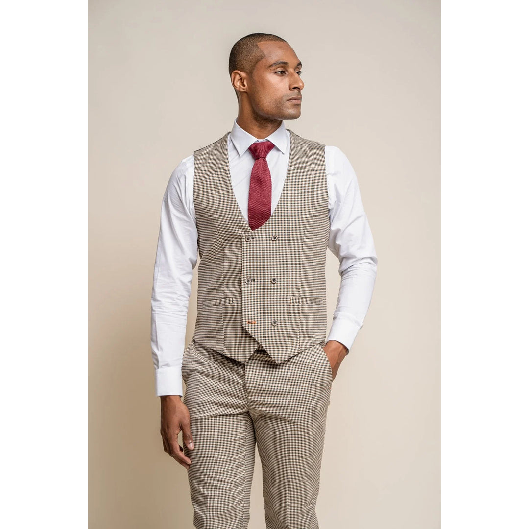 Weekend Bargains to Cherish Elwood - Men's Beige Check Houndstooth Waistcoat