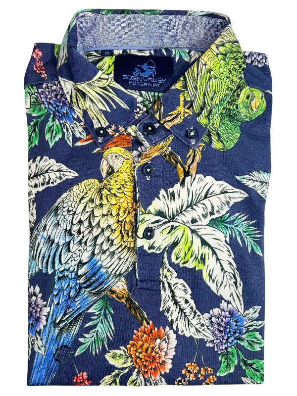 Discount Mania NAVY PARROT PRINT POLO SHIRT