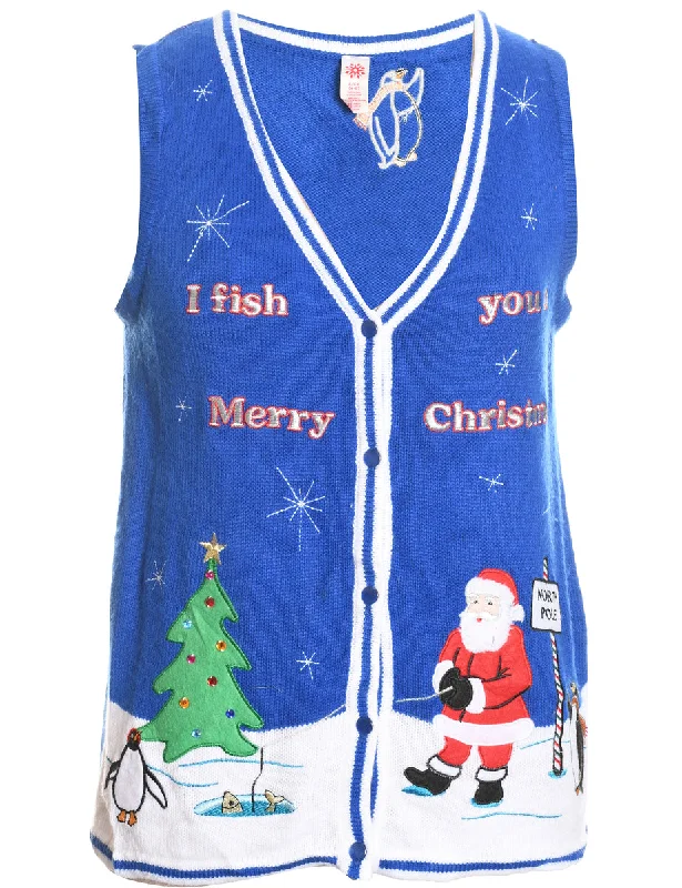 Weekend Savings Extravaganza Santa Claus Design Blue Knit Christmas Vest - S