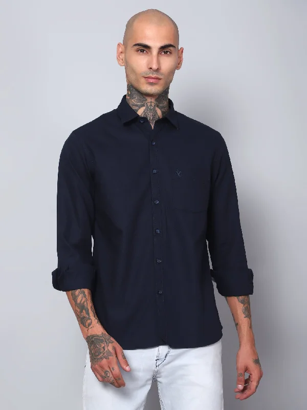 Weekend Offers That Delight Men's Navy Blue Casual Self Textured Full Sleeve Shirt