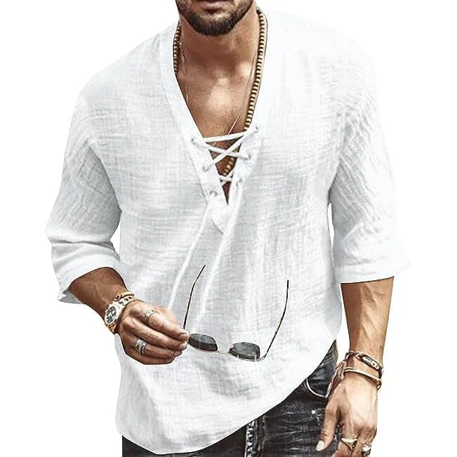 Weekend Savings Sensation Men's Fashion Shirt Short Sleeve Beach V-Neck Drawstring