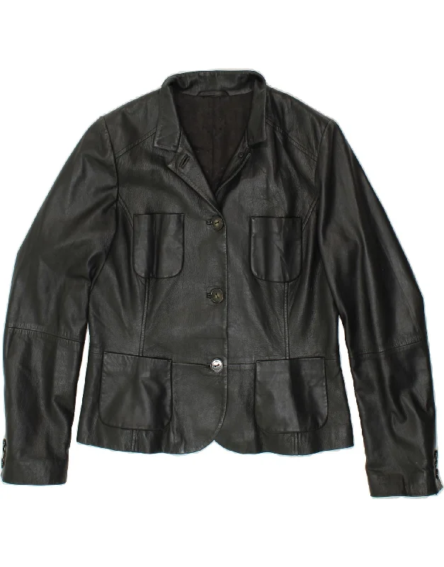 Act Fast MAX MARA Womens 3 Button Leather Blazer Jacket UK 16 Large Black Leather