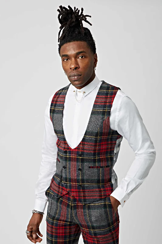 Weekend Discounts to Indulge In Cardosi Skinny Fit Red Tartan Wool Waistcoat