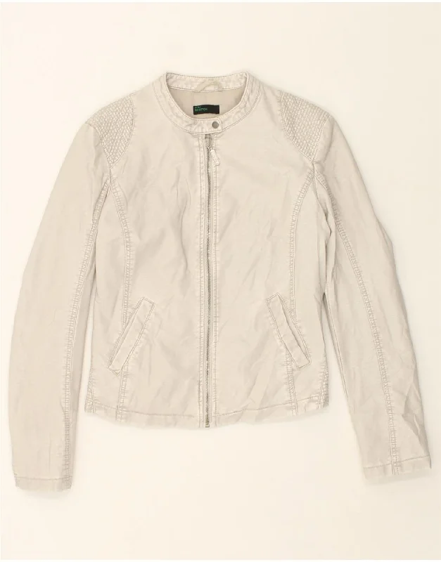 Weekend Shopping Bliss BENETTON Womens Crop Leather Jacket UK 10 Small Grey