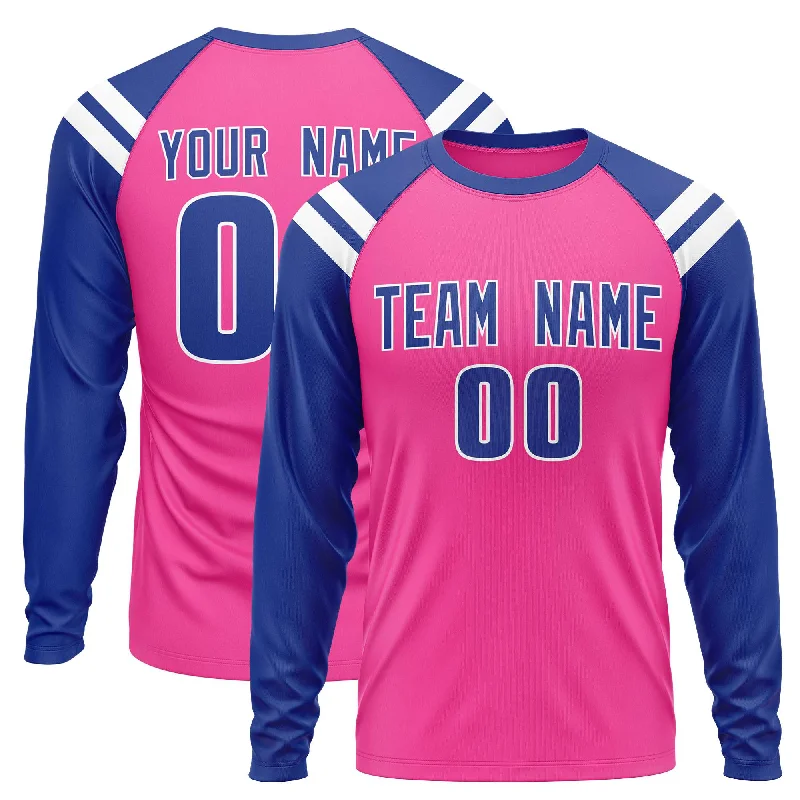 Act Now Custom Pink Royal-White Crew Neck Personalized Raglan Long Sleeve Performance T-Shirt Act Now Custom Pink Royal-White Crew Neck Personalized Raglan Long Sleeve Performance T-Shirt