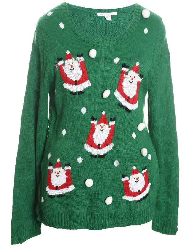 Weekend Discounts to Snag Santa Claus Design Green Knit Christmas Jumper - XL