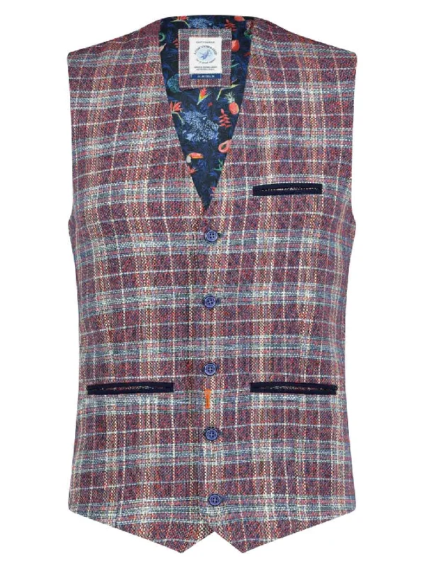 Weekend Sale: Don't Miss Out A Fish Named Fred Linen Check Waistcoat Coral/Navy