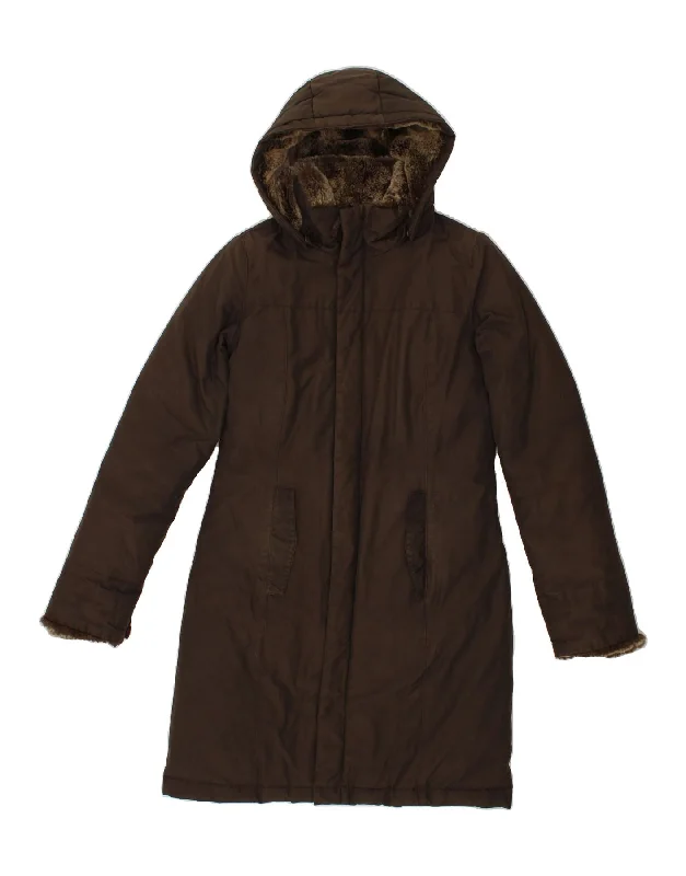 Weekend Savings Bonanza WOOLRICH Womens Hooded Overcoat UK 10 Small Brown Polyester