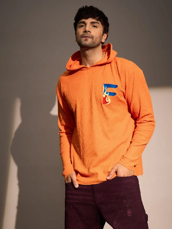 New Arrival Orange Waffle Raw Edge Monogram Hoodie