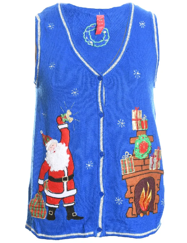 Weekend Specials to Enjoy Santa Claus Design Blue Knit Embroidered Vest - S