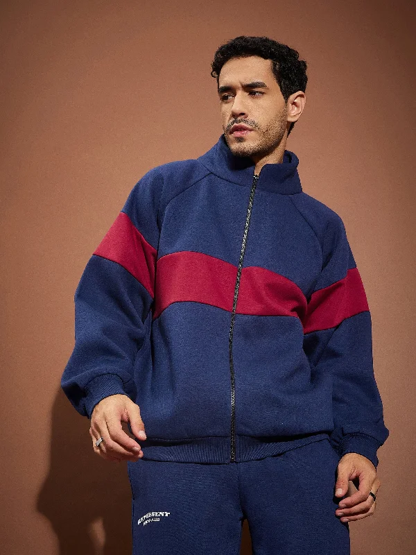 Today Only Men Navy & Maroon Colorblock Oversized Zipper Sweatshirt