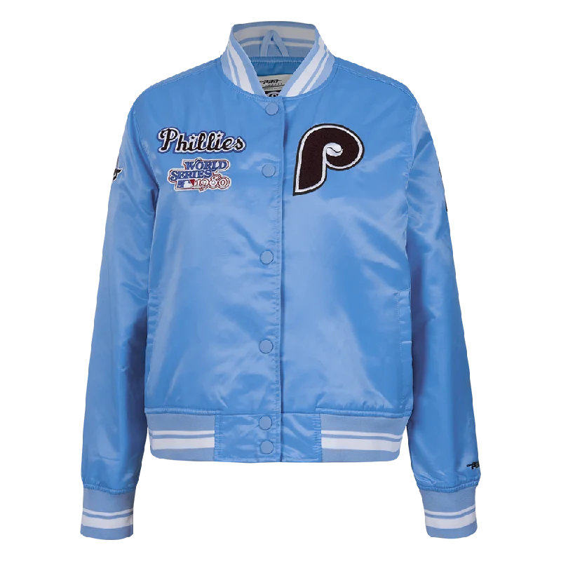 Major Deal MLB PHILADELPHIA PHILLIES RETRO CLASSIC WOMEN'S RIB SATIN JACKET (UNIVERSITY BLUE)