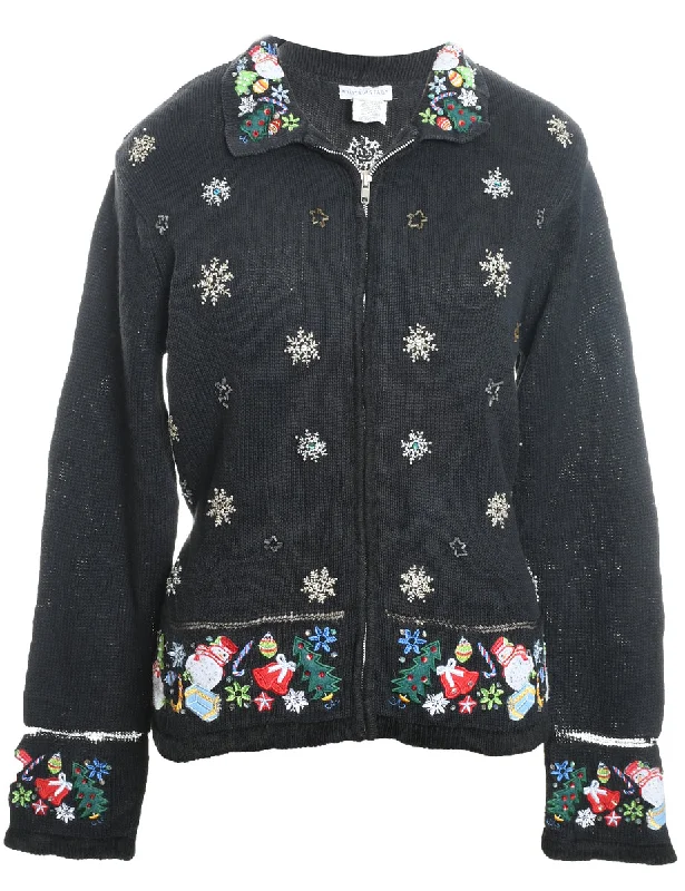 Special Discount Snowfall Design Black Embroidered Zip-Front Christmas Cardigan - L
