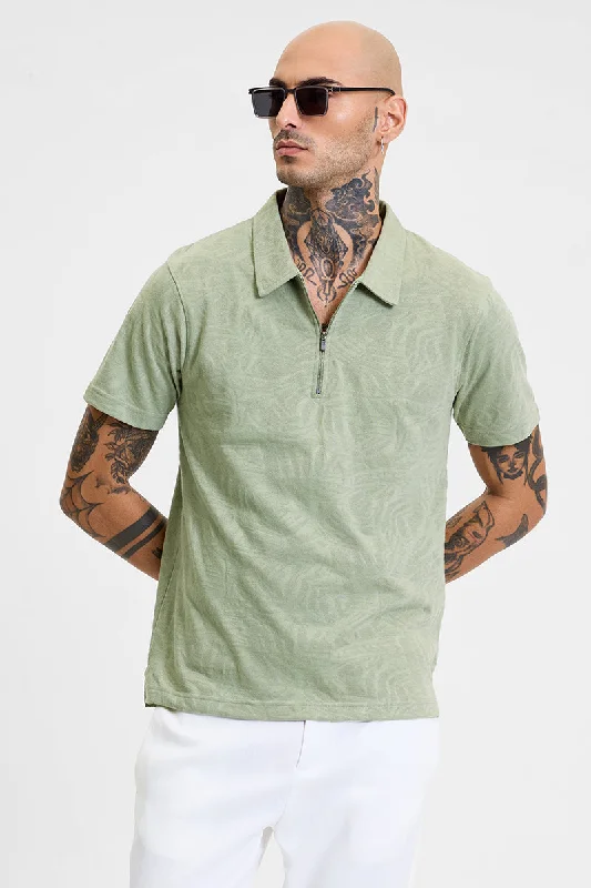 Weekend Deals That Please Light Green Self-Design Zipper Polo T-Shirt