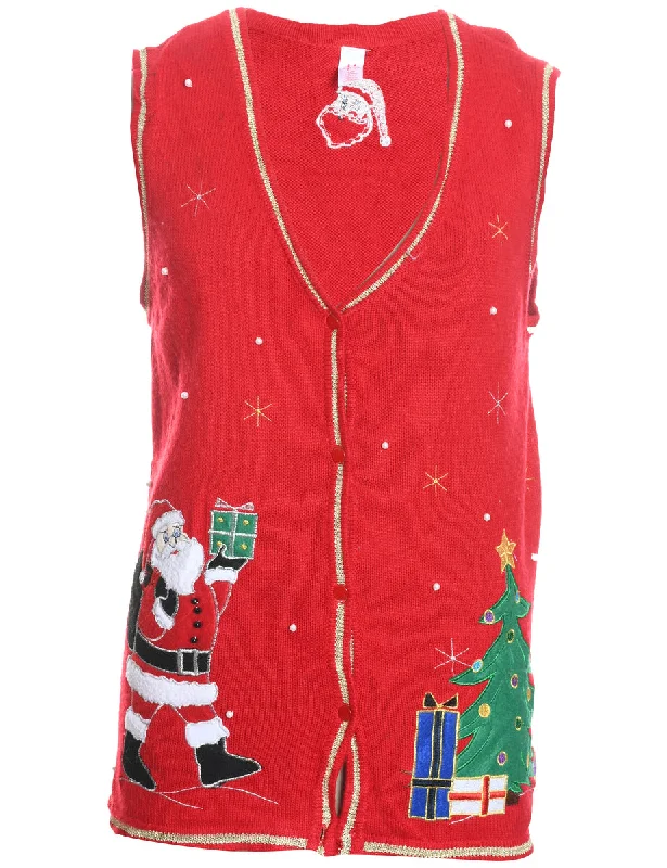 Weekend Deals That Excite Santa Claus Design Red Embroidered Christmas Vest - L