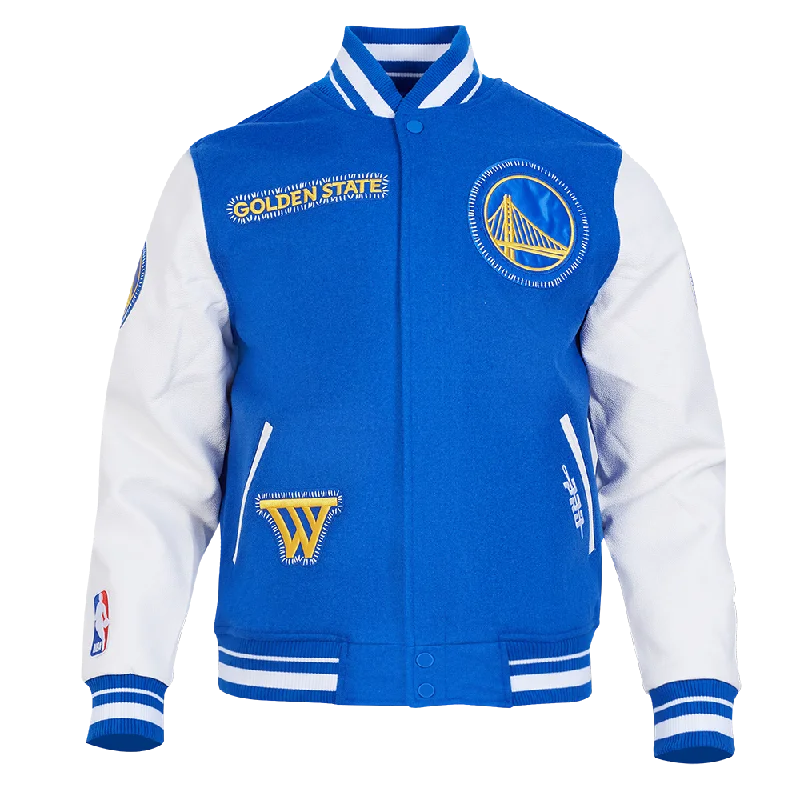 Fantastic Savings NBA GOLDEN STATE WARRIORS DIY PICK STITCH MEN'S RIB WOOL VARSITY JAC (ROYAL BLUE/WHITE)