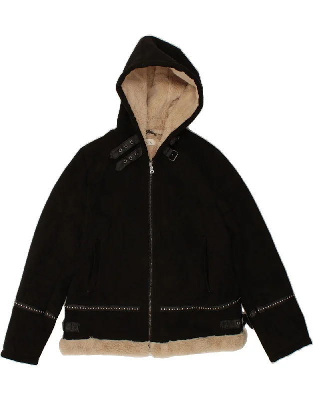 Unbeatable Deal OLTRE Womens Hooded Sherpa Jacket UK 16 Large  Black Polyester