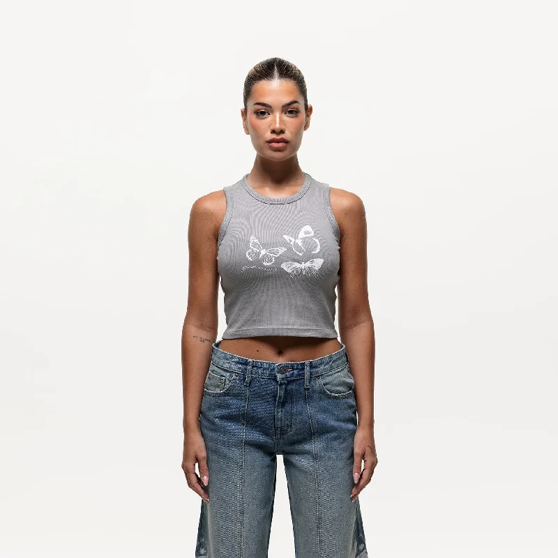 Super Discount Spray Butterfly Ribbed Grey Tank Top (Final Sale)