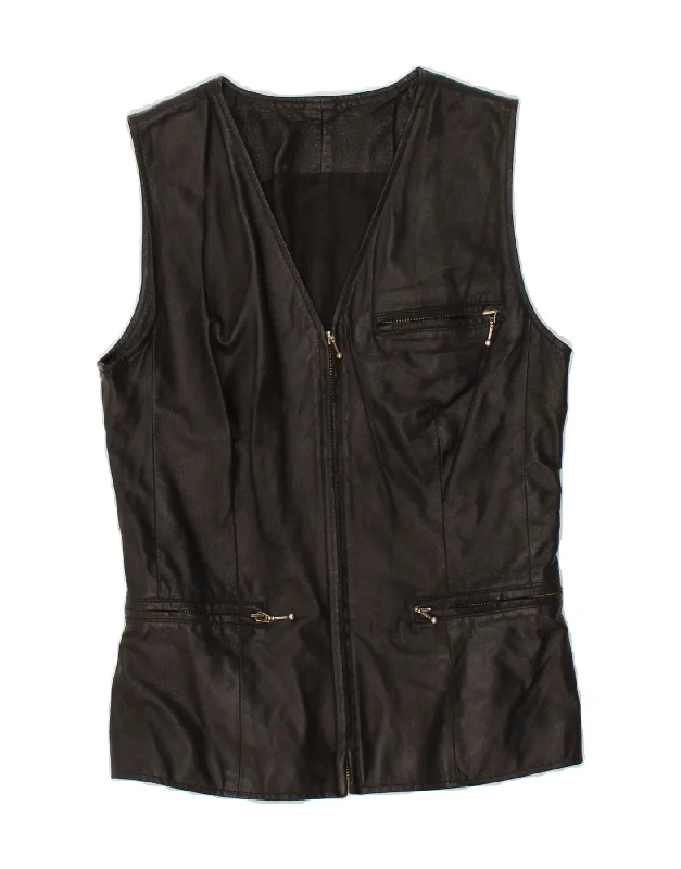 Lowest Price VINTAGE Womens Leather Gilet UK 12 Medium Black Leather