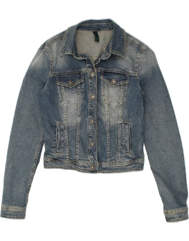 Low Cost BENETTON Womens Crop Denim Jacket UK 10 Small Blue Cotton