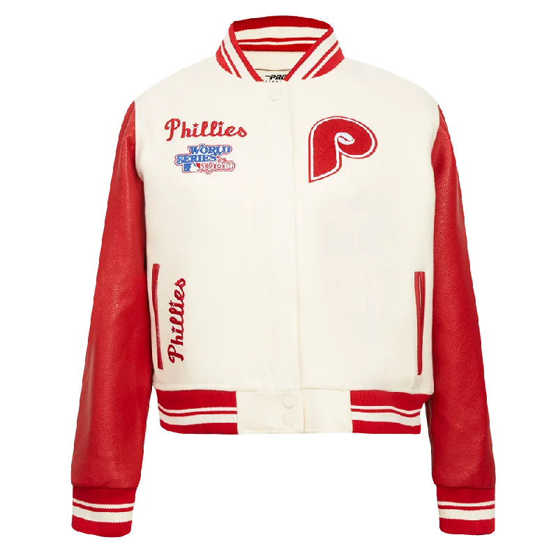 Best Seller MLB PHILADELPHIA PHILLIES RETRO CLASSIC WOMEN'S RIB WOOL VARSITY JACKET (EGGSHELL/ RED) Best Seller MLB PHILADELPHIA PHILLIES RETRO CLASSIC WOMEN'S RIB WOOL VARSITY JACKET (EGGSHELL/ RED)