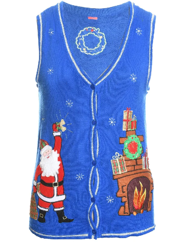 Weekend Offers That Please Santa Claus Design Blue Embroidered Christmas Sweater Vest - S Weekend Offers That Please Santa Claus Design Blue Embroidered Christmas Sweater Vest - S