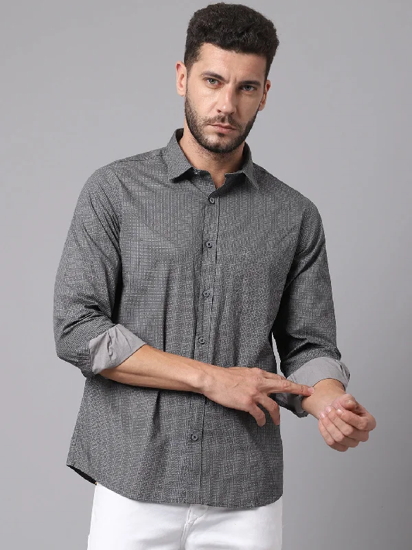 Final Clearance Men's Dark Grey Casual Micro Checks Full Sleeve Shirt