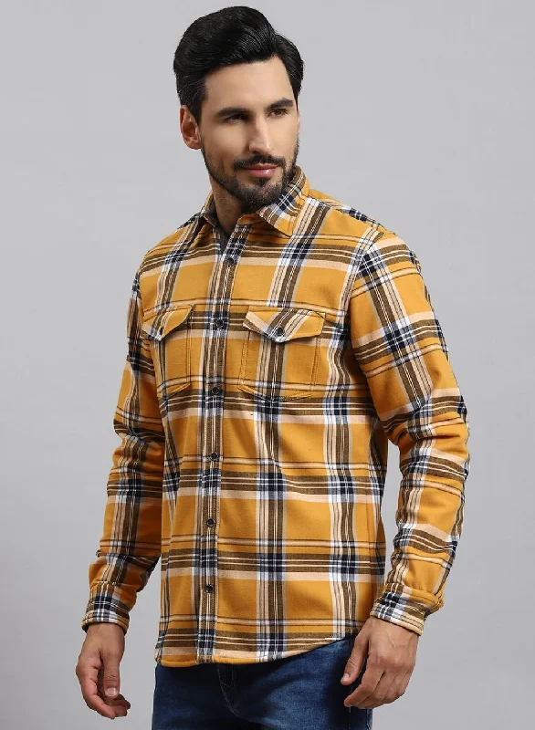 Weekend Bargains to Indulge In Men Mustard Check Cotton Blend Shirt