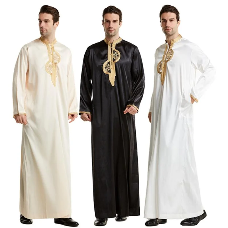 Reduced Rates Stand-up Collar Embroidery Intarsia Muslim Mens Jubbah Thobe
