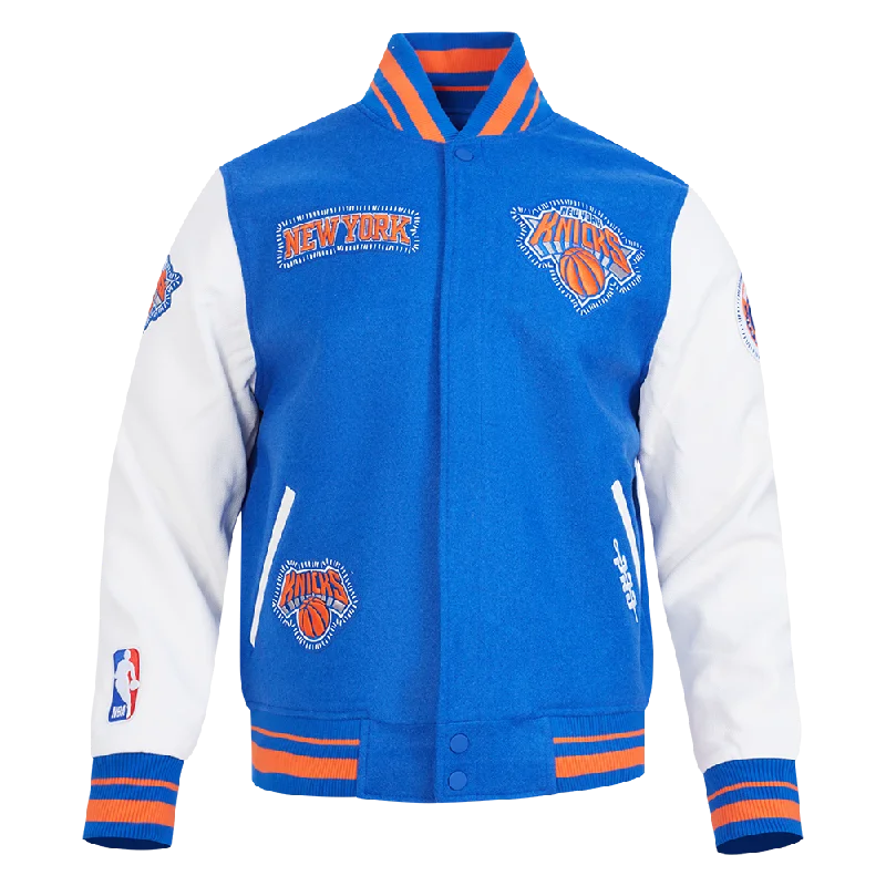 Sale Event NBA NEW YORK KNICKS DIY PICK STITCH MEN'S RIB WOOL VARSITY JACKET (ROYAL/ORANGE/ROYAL)