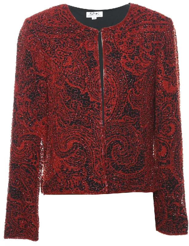 Great Deal Silk Sparkly Black & Red 1980s Evening Jacket - M