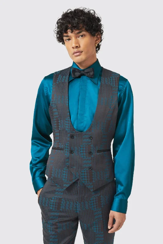 Great Bargain Garland Skinny Fit Black Green Check Waistcoat