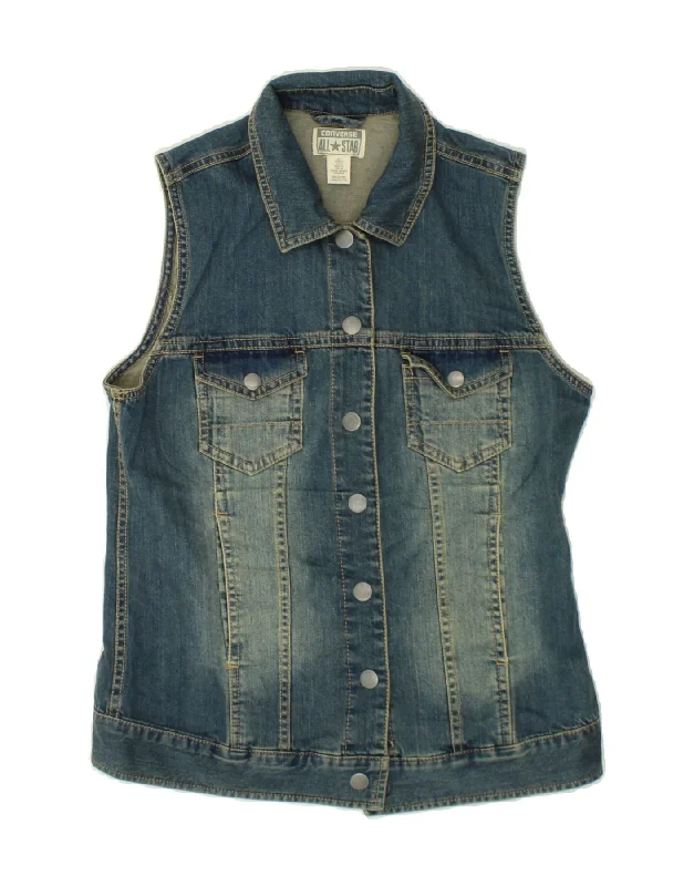Don't Miss Out CONVERSE Womens Graphic Denim Gilet UK 10 Small Blue Cotton
