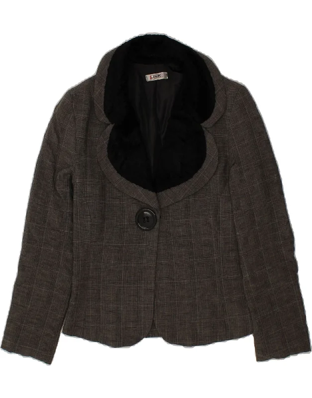 Take Advantage VINTAGE Womens 1 Button Blazer Jacket UK 14 Large Grey Check Cotton