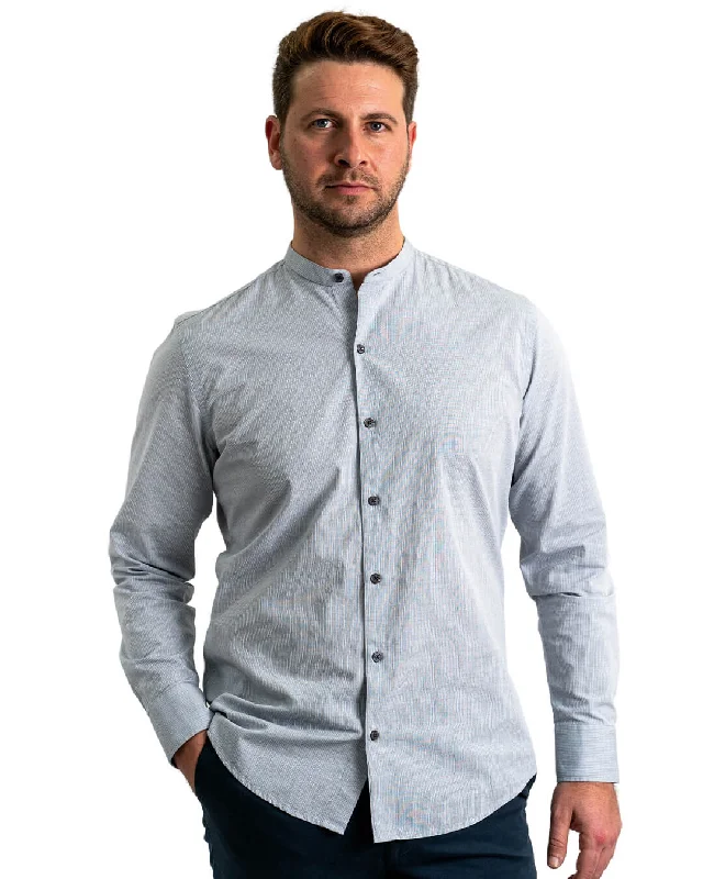 Weekend Specials to Indulge In Navy Cotton Hairline Stripe Grandad Collar Shirt