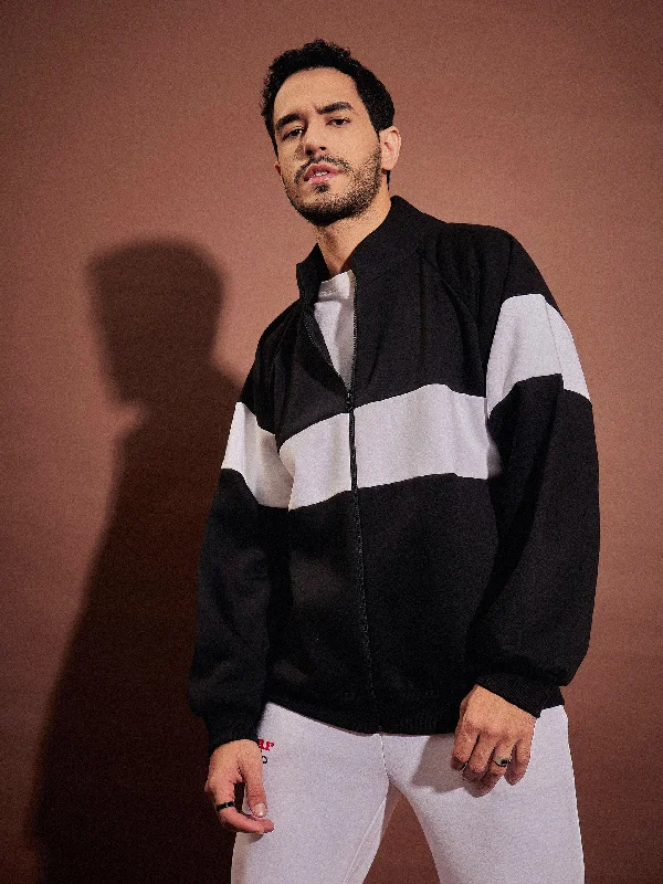 While Supplies Last Men Black & White Colorblock Oversized Zipper Sweatshirt