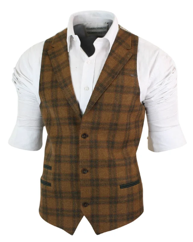 Weekend Savings Bonanza Mens Waistcoat Wool Check Herringbone Tweed Brown Black Classic Vintage Fit