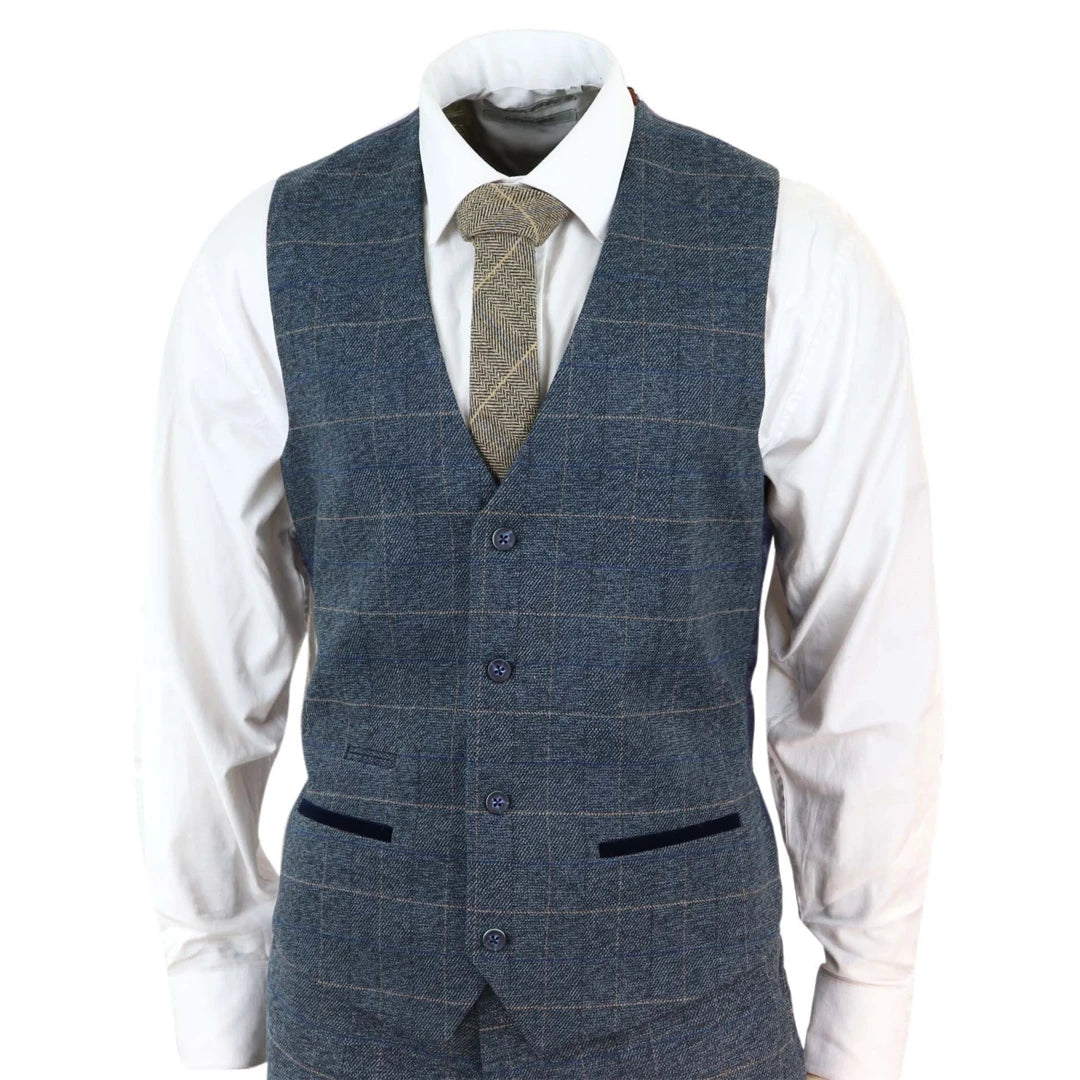 Weekend Specials to Snag Mens Slim Fit Check Blue Scott Waistcoat Smart Casual Tweed Tan Check Navy