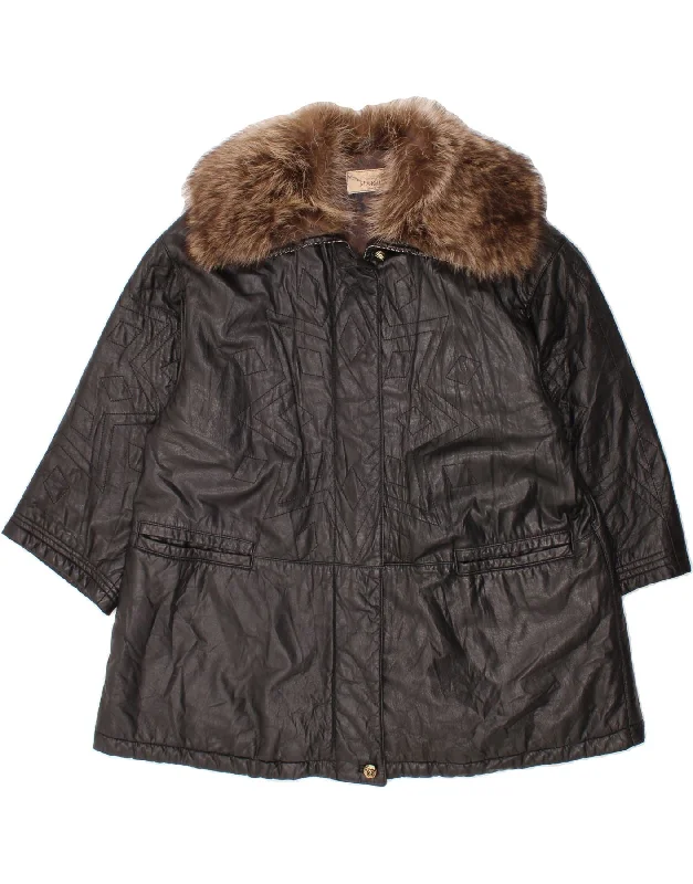 Buy Today MABRUN Womens Oversized Leather Coat IT 44 Medium Black Geometric Leather