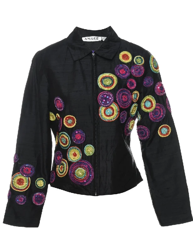 Midnight Sale Silk Embroidered & Beaded Zip-Front Evening Jacket - XS